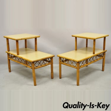 Vintage Tiki Rattan Mid Century Bamboo Step Up End Tables - a Pair