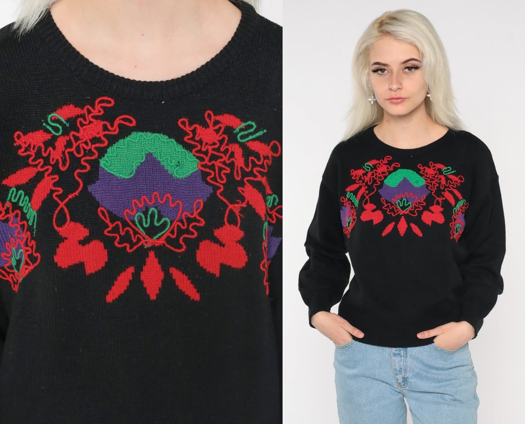 Abstract Knit Sweater 80s Black Floral Sweater Retro Slouchy Sweater ...