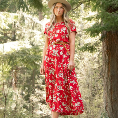 90's Vintage Floral Maxi Dress | Melissa Collection Red and White Bohemian Summer Dress 