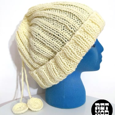 Slouchy Oversized Vintage 70s Cream Colored Winter Hat with Two Dots 