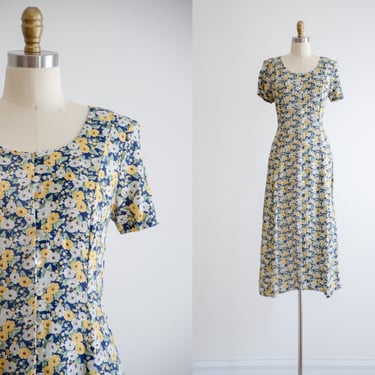 floral midi dress | 90s vintage cottagecore navy yellow tie back flowy dress 