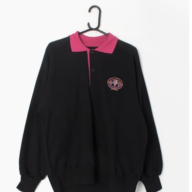 Vintage collared sweatshirt black with pink collar and hot air ballon embroidered logo 80s  - Large to XL 