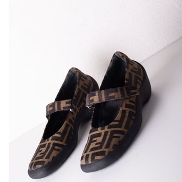 Vintage Fendi Zucca Mary Jane Shoes with Chunky Rubber Heel sz 7 Y2K FF Monogram Canvas Sport 