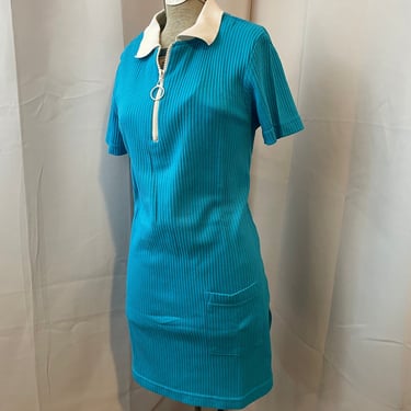 1990s vintage zipper Dress polo blue white 1970s style M 