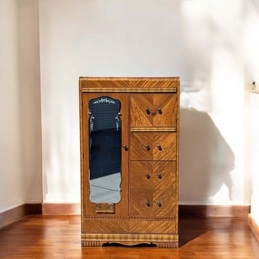 Vintage Art Deco Armoire, Waterfall Dresser Cabinet, Burl Wood, Cedar Lined, Chifferobe, Mirror, Bedroom 