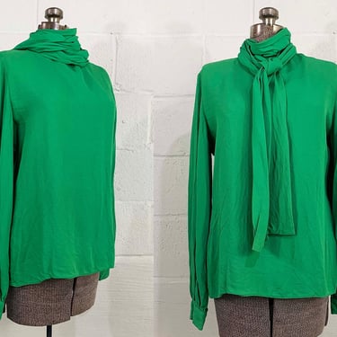 Vintage Pussybow Blouse Country Set Long Sleeve Secretary Top Kelly Green Fitted Shirt 1960s 1970s Large Medium 