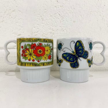 Vintage Set of 2 Mismatched Mugs Floral Pair Glazed Pottery Mug Green Blue Boho Flowers Japan Flower Power Stacking Retro 1970s 70s 