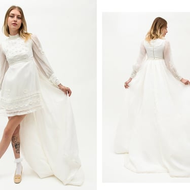 Vintage 1960s 60s One-Of-A-Kind White Lace Mini Dress w/ Detachable Long Train // Sharon Tate Wedding Engagement Bridal 