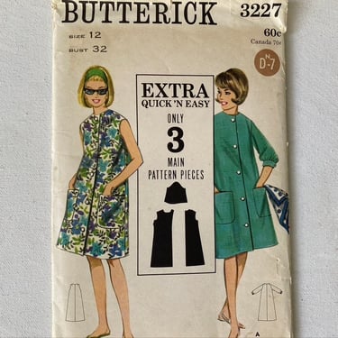 60's Vintage Butterick 3227,  Quick And Easy, Beachdress /Cover Up, Muu Muu, Large Pockets, Size 12 Bust 32, UNCUT, Duster Sewing Pattern 