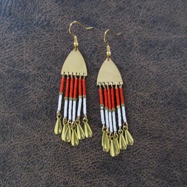 Orange and cream seed bead and gold stainless steel earrings 