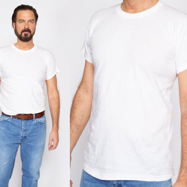 Large 80s Single Stitch White Cotton Crewneck Tee | Vintage Plain Short Sleeve Undershirt T Shirt 