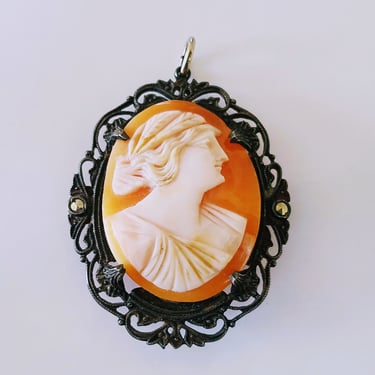 Antique Carved Shell Cameo~Neoclassical Female Portrait~Italian Cameo Pendant/Brooch~Sterling Silver 925~Figural Carving~JewelsandMetals 