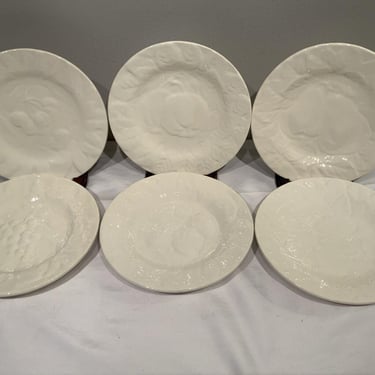 6 Vintage St. Clement Ivory Majolica Embossed Fruit Plates Made in France, country cottage tableware, white embossed salad plates 