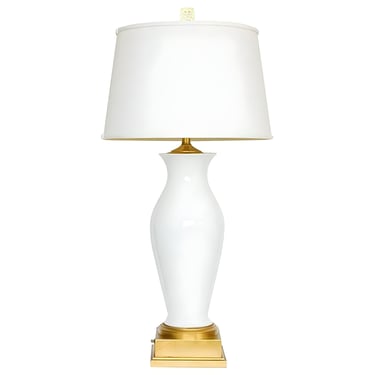 High Style Mid-century White Porcelain & Gold Leaf Table Lamp w/ Shade 