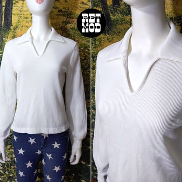 Basic Staple Vintage 60s 70s White Ribbed Long Sleeve Collared Shirt 