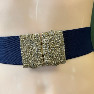 1980s navy stretch belt vintage marcasite buckle waist accessory medium 