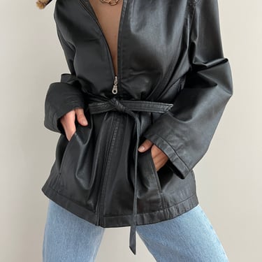 Vintage Black Faux Fur Collar Leather Jacket