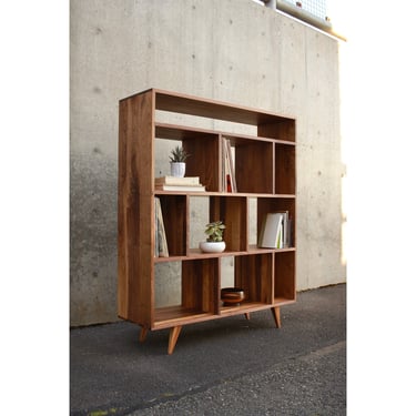 Lopez Vinyl Console, Mid Century Record Storage, Customizable Vinyl Storage, Solid Wood LP Shelf (Shown in Walnut) 