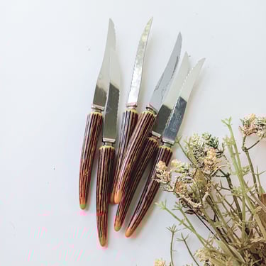 6 Vintage Rippledge Stainless Sheffield England Steak Knives/E. Parker & Sons/Faux Antler Bakelite Handle/MCM 1960/ Boho Rustic Cabin Lodge 