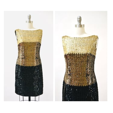 60s Vintage Black Metallic Sequin Dress Small Black Gold Sequin Showgirl Sleeveless Dress Color Block Cocktail Dress TEd Brown 