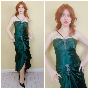 Y2K Forest Green Kiki Gathered Goddes Gown / Vintage Bombshell Poly Satin Ruched Dress / Size Small 