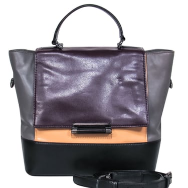 Diane von Furstenberg - Grey, Black, Beige & Deep Purple Colorblocked Leather Convertible Satchel
