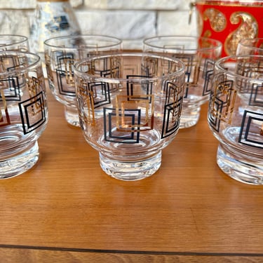Set of 10 Mid Century Modern Retro Style Stackable Lowball Clear Drinking Glasses With Black & Gold Geometric Designs 