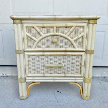 Faux Bamboo Nightstand by Henry Link FREE SHIPPING - Vintage Sunburst Wicker Rattan End Table Hollywood Regency Coastal Bedroom Furniture 