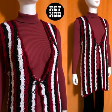 Retro Vintage 70s Maroon Black White Stripe Crochet Long Vest 