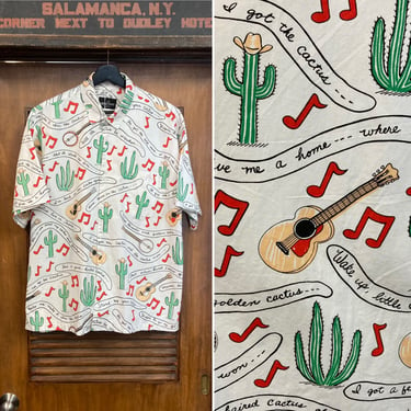 Vintage 1980’s Size L “Cactus Club” Western Cowboy Cotton Musical Note Cactus New Wave Shirt, 80’s Vintage Clothing 