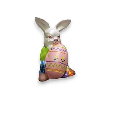 Vintage Easter Bunny Figurine, 1980s Ceramic Male Rabbit Holding Giant Egg, Spring Home Decor, Handpainted Decorations, Vintage Holiday 