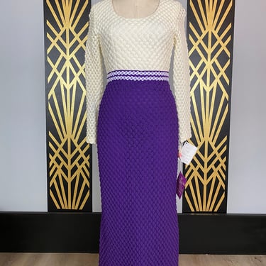 1960s maxi dress, vintage 60s dress, purple and ivory, polyester knit, Arlin, popcorn, long sleeve, mod, retro, Megan draper, small, crochet 