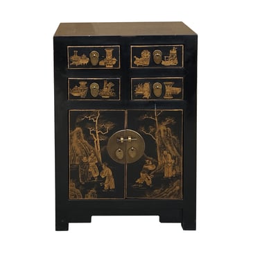 Vintage Oriental Distressed People Golden Graphic Black Side Table Cabinet cs7796E 