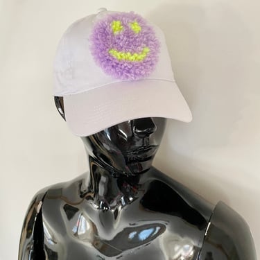 Tufted Happy Face Hat, white baseball cap, rug hat, purple smiley face, lavender, gift for a woman, gift for a girl, gift for a guy 