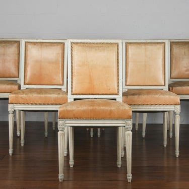 Antique French Louis XVI Style Square Back Camel Brown Leather Painted Dining Chairs - Set of 7 