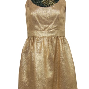Shoshanna - Gold Brocade Dress w/ Green & Golden Sequins Sz 6