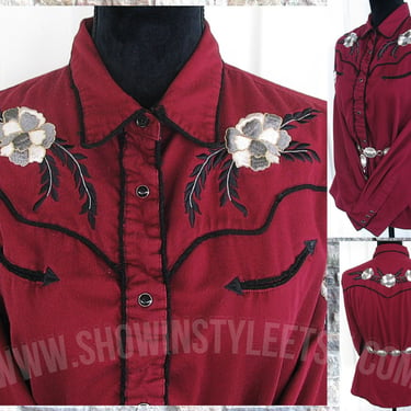 Vintage Retro Women's Cowgirl Shirt by Roper, Rodeo Queen, Burgundy with White & Silver Embroidered Flowers, Size XLarge (see meas. photo) 