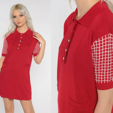 Red Mini Dress 70s Sweater Polo Dress Retro Mod Collared Shift Dress Short Sleeve Checkered Button Up Preppy Boho Vintage 1970s Small Medium 