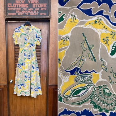 Vintage 1940’s Underwater Spearfisher Tiki Rayon Hawaiian Rockabilly Dress, 1940s Rayon Dress, Vintage Hawaiian, Tiki Dress, Hostess Dress 