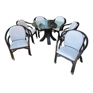 Vintage Betty Cobonpue Style Pencil Reed Patio Dining Table and Six Chairs 
