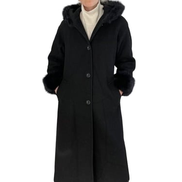 Vintage 1990s Womens Black Wool Hooded Faux Fur Trim Trench Coat Sz M 
