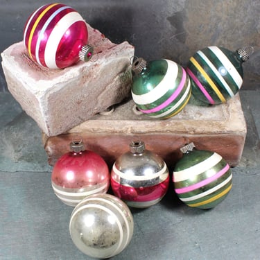 Vintage Shiny Brite Glass Pink & Green Striped Glass Christmas Ornaments | Set of 7 | Vintage Christmas Ornaments | 1960s Shiny Brite 