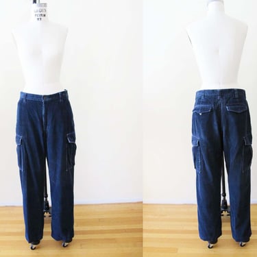 Vintage 90s LL Bean Navy Blue Corduroy Cargo Pants 32 - 1990s Baggy Straight Leg Cords Pants - Unisex Gender Neutral 