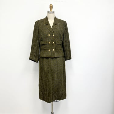 Vintage Olive Green Wool Suit  | 1960s Plaid Wool Skirt Suit with Slim Fit and Gold Buttons | Size Medium 