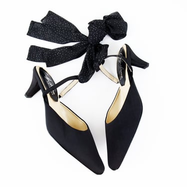 Vintage Black Sheer Polka Dot Ankle Wrap/Tie Kitten Heel Slingback size 8 US Women's 