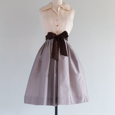 Darling 1960's Coffee &amp; Cream Silk Gingham Dress With Pockets / SM