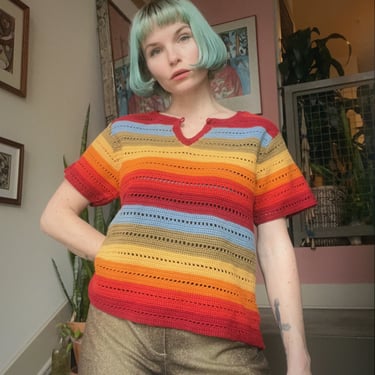 VTG Liz Claiborne Lizwear Cotton Crochet Rainbow Top 