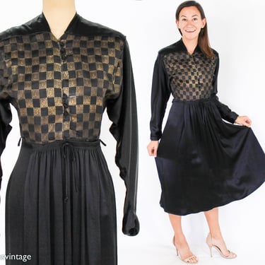 1940s Gold & Black Silk Dress | 40s Black Silk Embroidered Dress | Tula | Small 