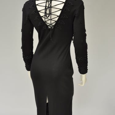 vintage 1980s black beaded lace up back dress XS-M 