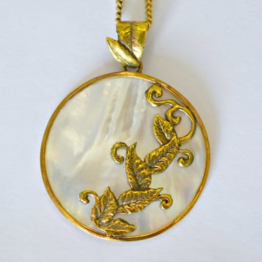 70's Mother of Pearl brass vine 12k GF long boho necklace, romantic MOP brass climbing plant gold filled hippie disc pendant 